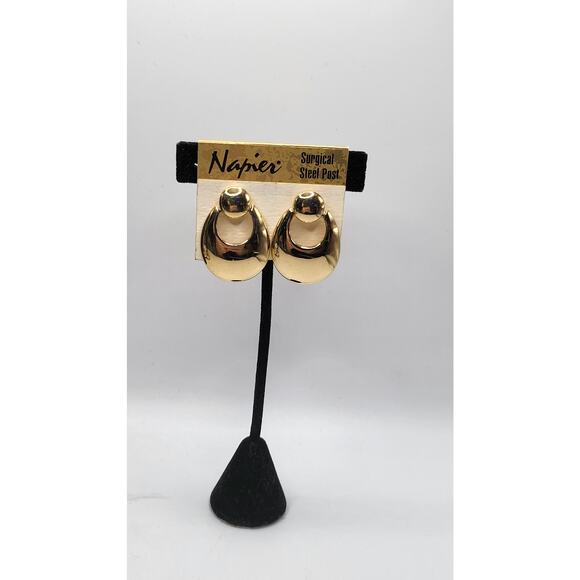 Vintage Napier Gold Tone Door Knocker Earrings On Card Surgical Steel Post - Picture 3 of 9